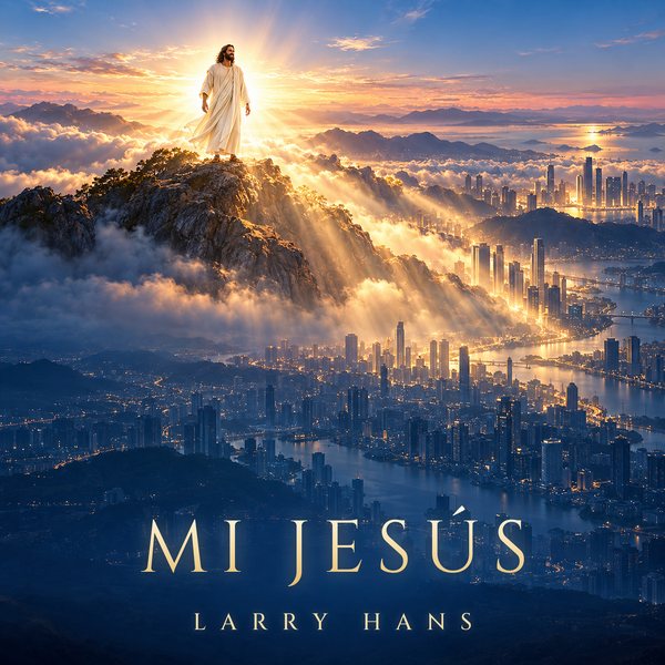 Cover des Albums Mi Jesús von Larry Hans: Jesus auf einem Berggipfel im Morgengrauen, über einer Stadt