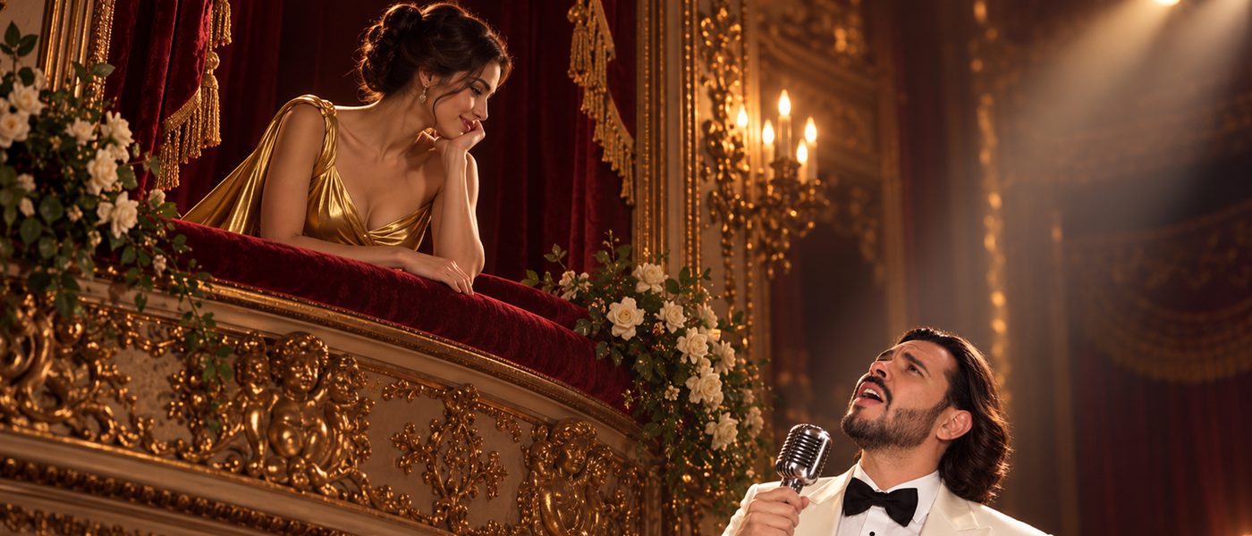 Larry Hans, de esmoquin blanco, le canta con un micrófono antiguo a una mujer de vestido dorado que lo mira desde el palco de un teatro
